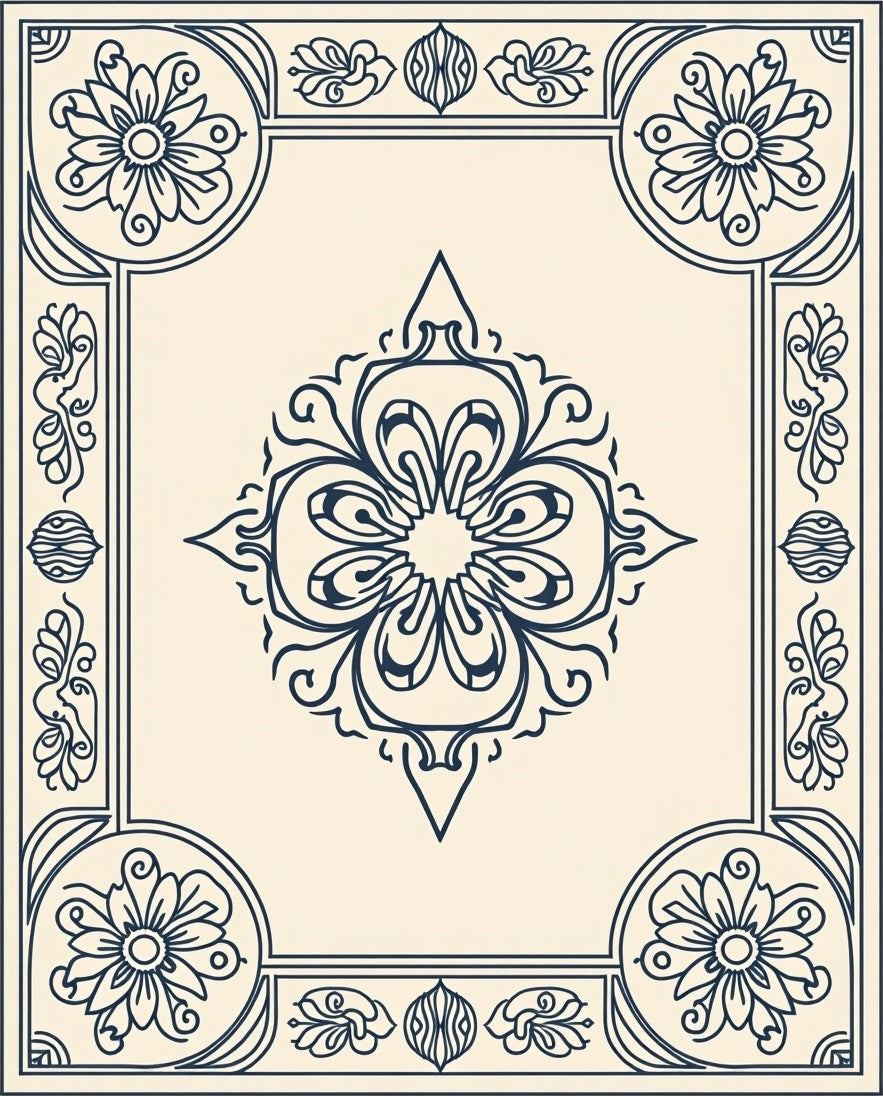 Navy Cream Floral Medallion Frame Rug