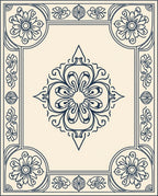 Navy Cream Floral Medallion Frame Rug