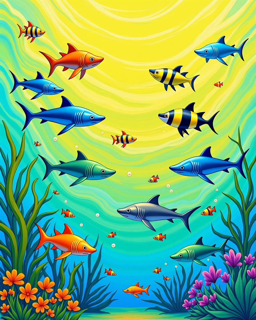 Oceanic Shark School Yellow Blue Rug