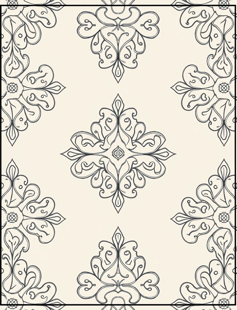 Cream Black Ornate Floral Medallion Rug