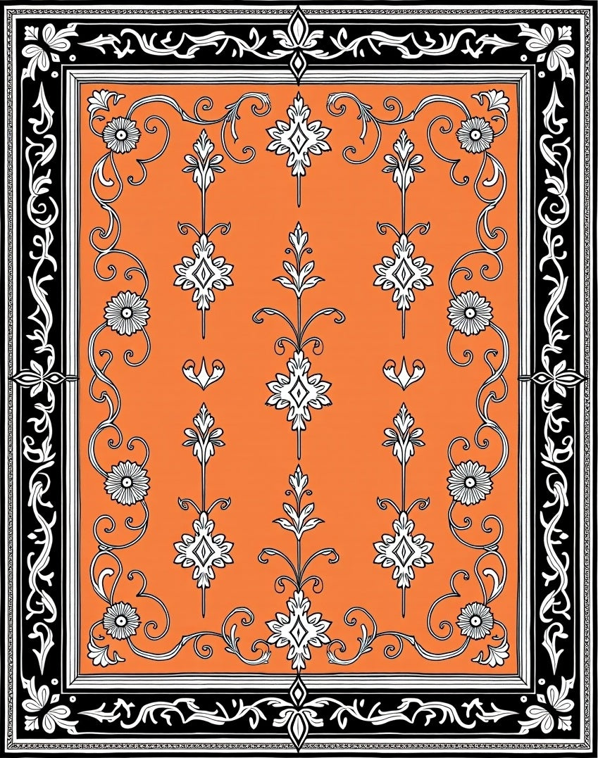 Orange Ivory Floral Scroll Border Rug