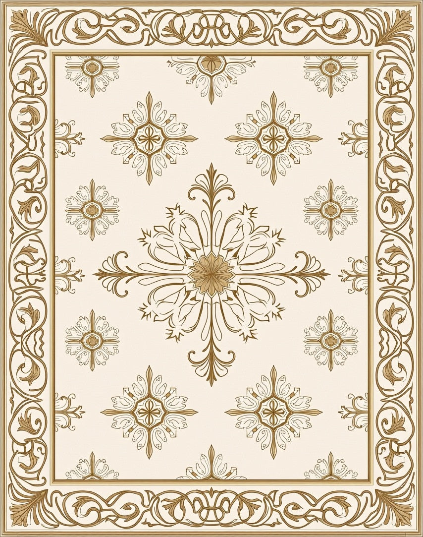 Golden Cream Floral Medallion Border Rug