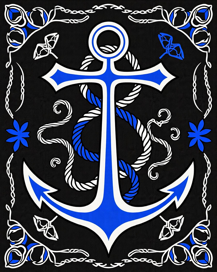 Nautical Blue White Anchor Rope Border Rug