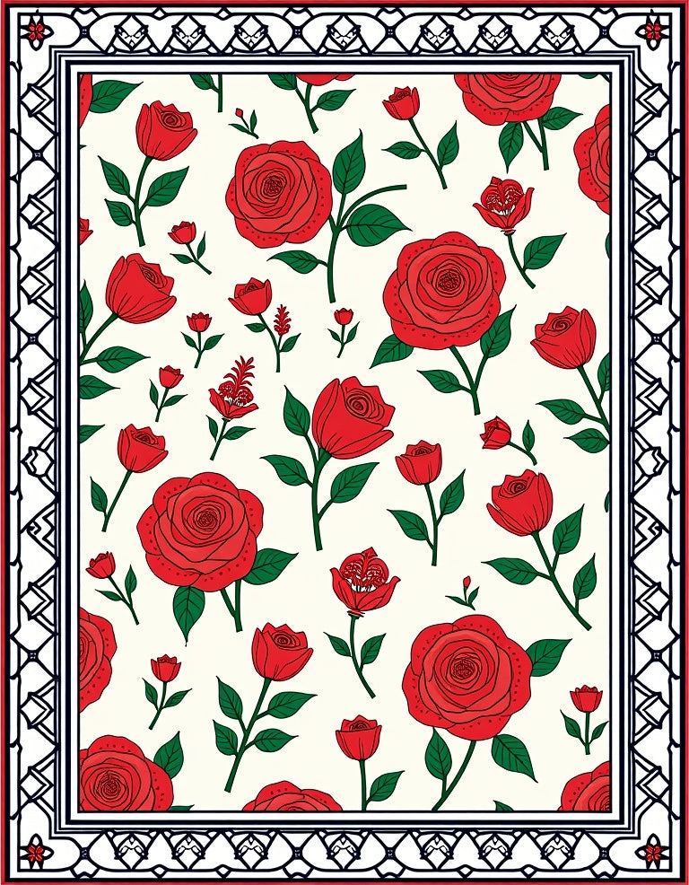 Classic Red Rose Garden Border Rug
