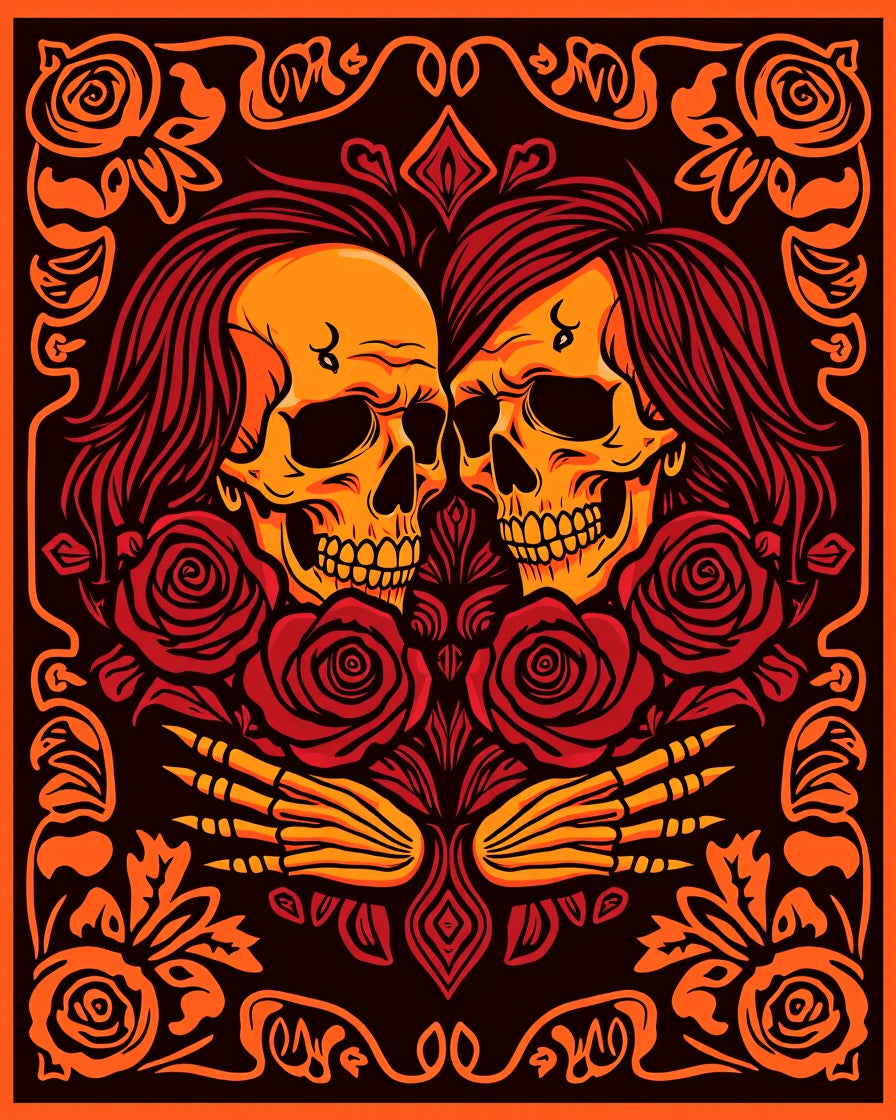 Fiery Skull Embrace Rose Tapestry Rug