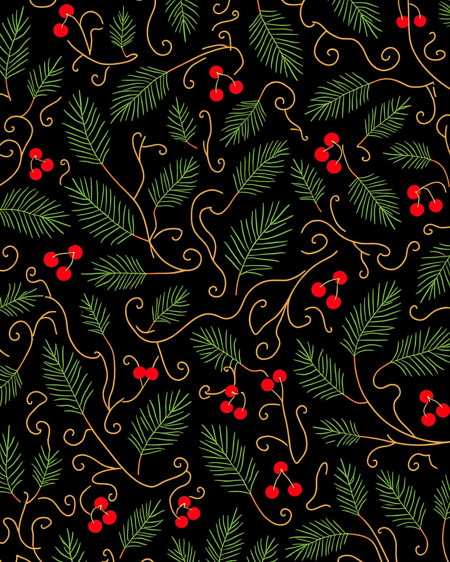 Festive Green Pine Red Berry Swirl Rug