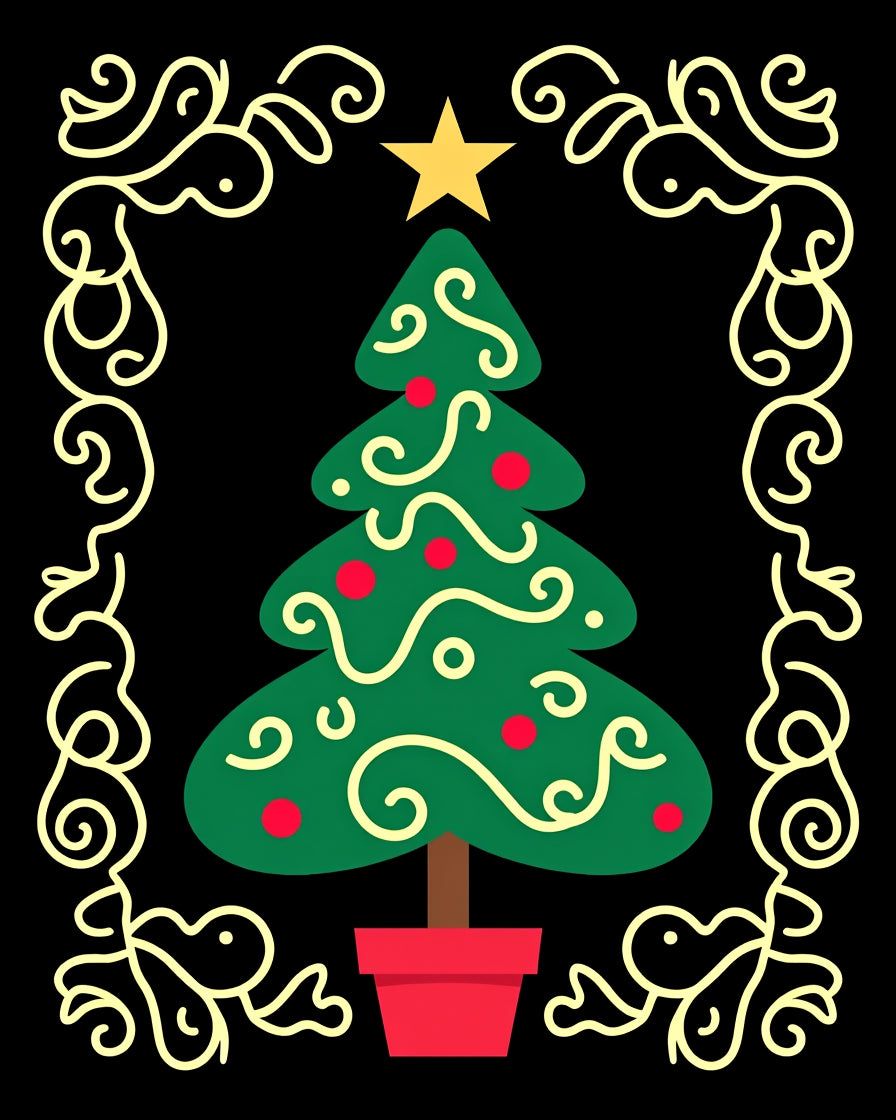 Festive Green Christmas Tree Floral Border Rug