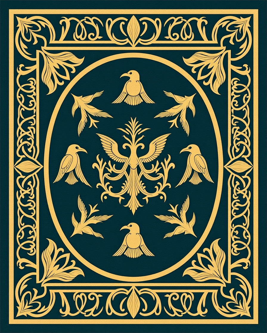 Golden Birds on Teal Ornate Oval Rug