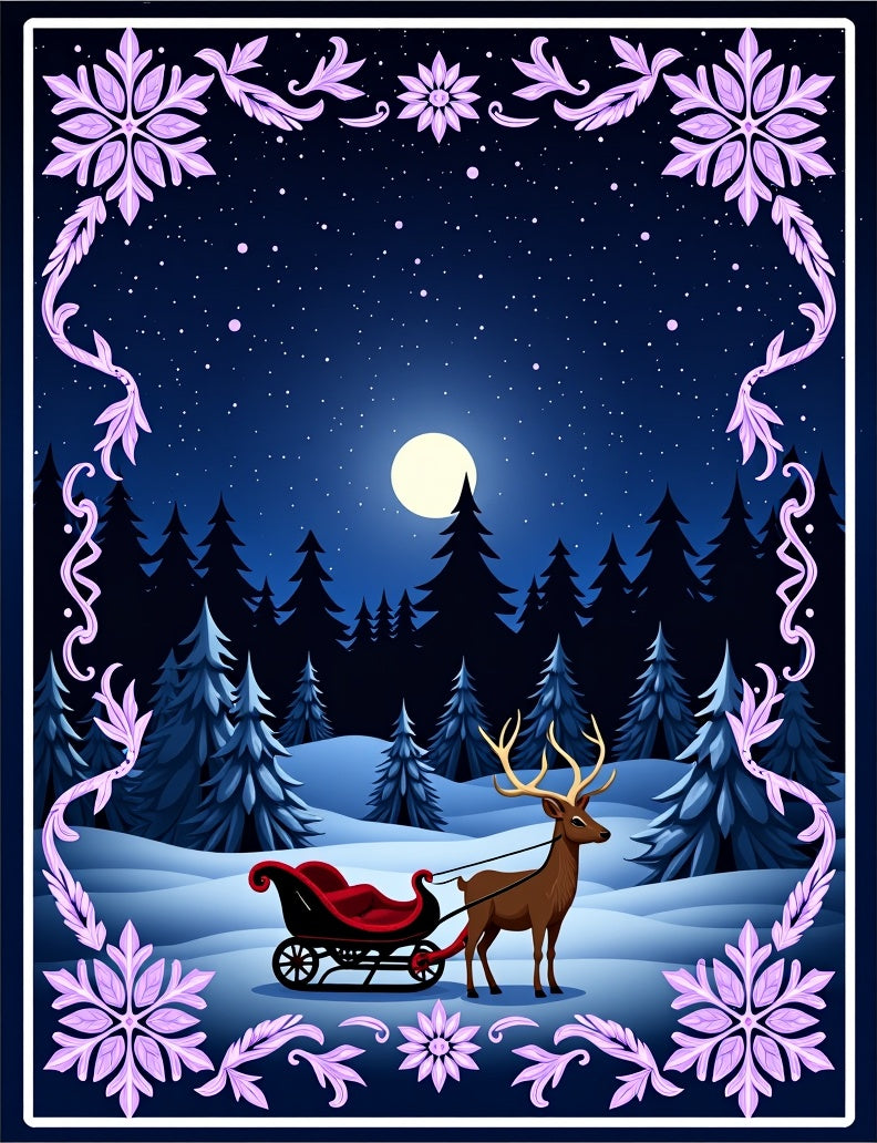 Winter Night Deer Sleigh Serene Landscape Rug