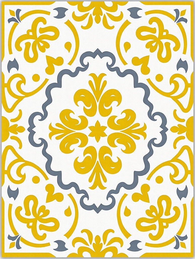 Yellow Gray Rococo Scroll Medallion Rug