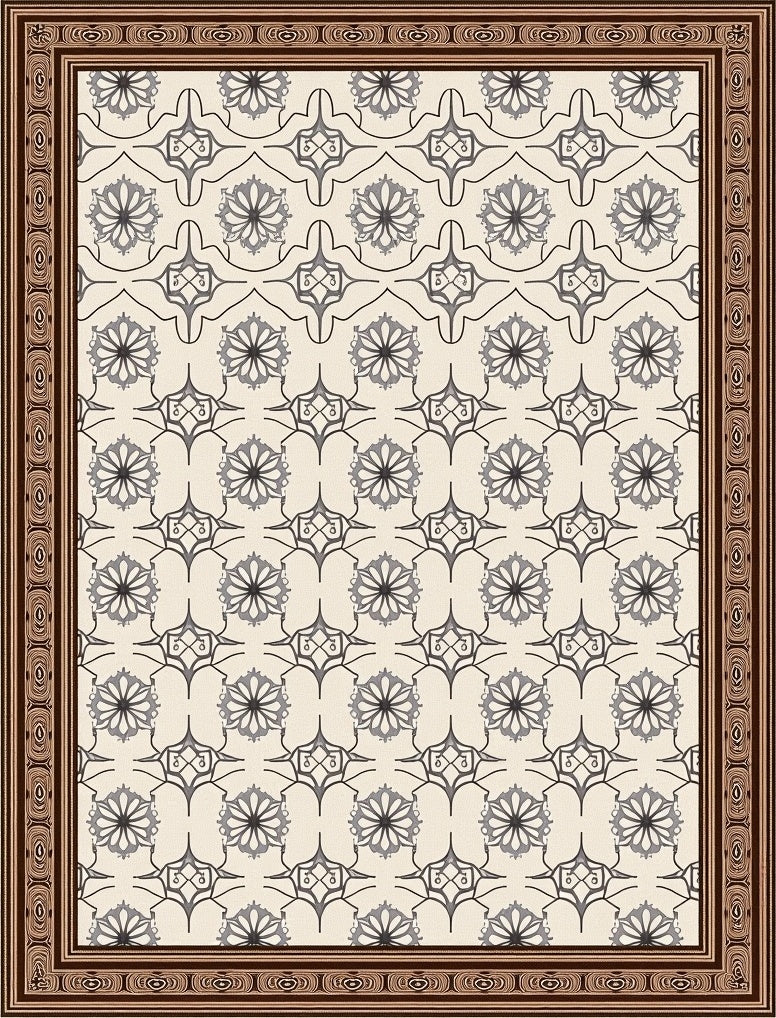 Cream Black Detailed Floral Medallion Rug