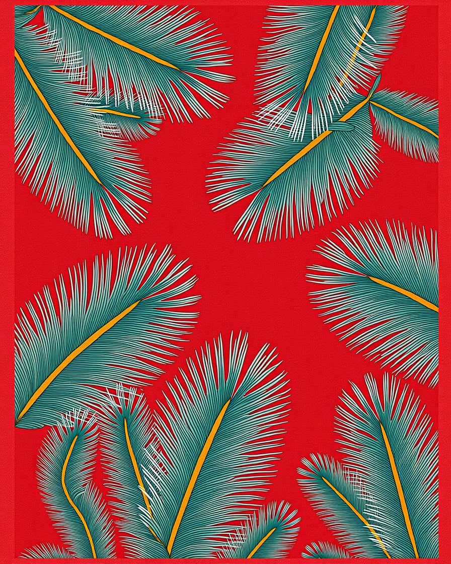 Red Teal Palm Frond Nature Rug
