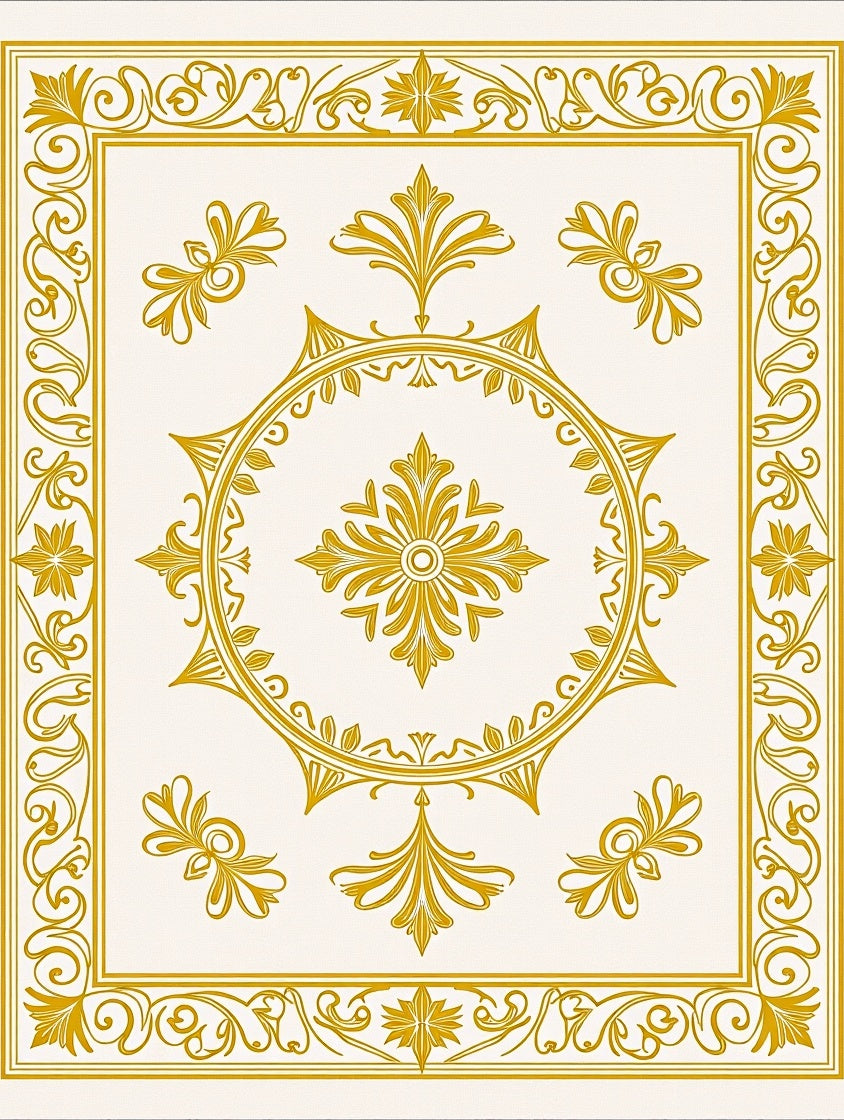 Golden Ivory Ornate Medallion Border Rug
