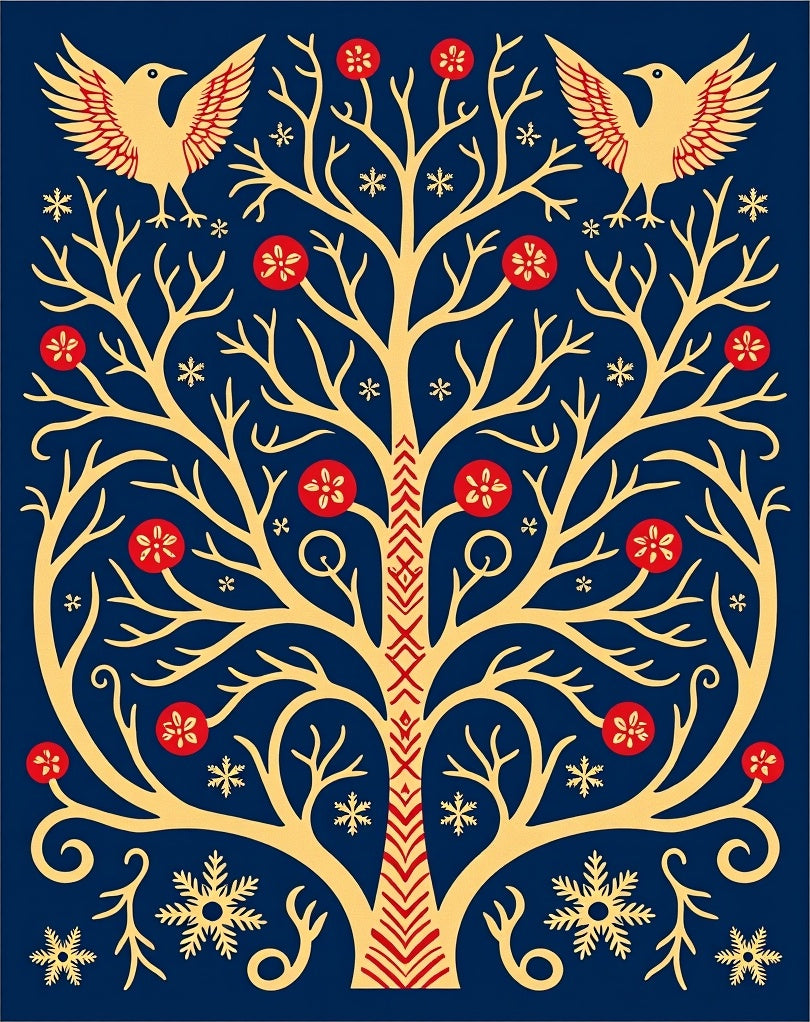 Golden Tree Birds Red Flowers Snowflakes Rug