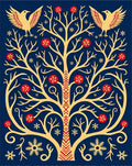 Golden Tree Birds Red Flowers Snowflakes Rug