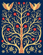 Golden Tree Birds Red Flowers Snowflakes Rug