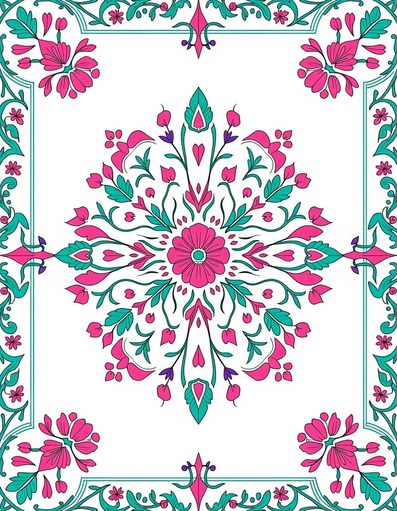 Pink Teal Floral Medallion Border Rug