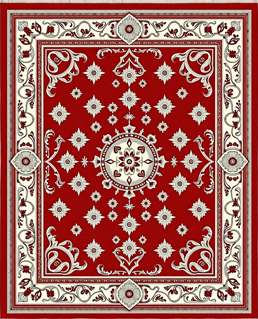 Deep Red Cream Ornate Bloom Rug