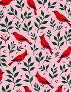 Charming Red Birds Greenery Pink Background Rug