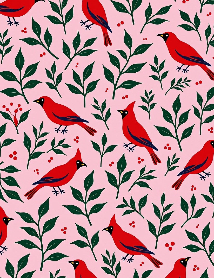 Charming Red Birds Greenery Pink Background Rug