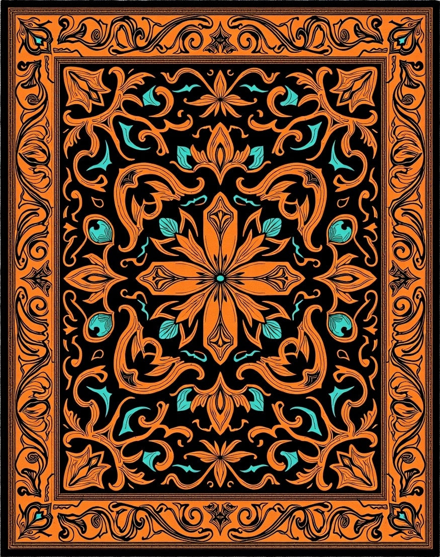 Orange Black Teal Floral Scroll Medallion Rug