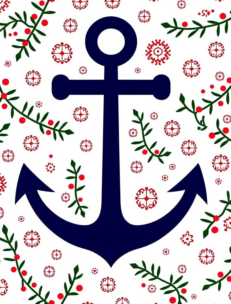 Navy Anchor with Red Floral Vines Rug