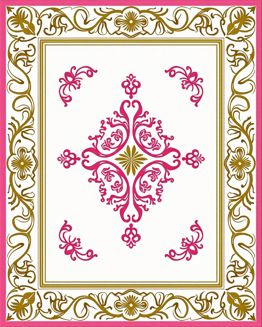 Pink Gold Floral Scrolled Border Rug