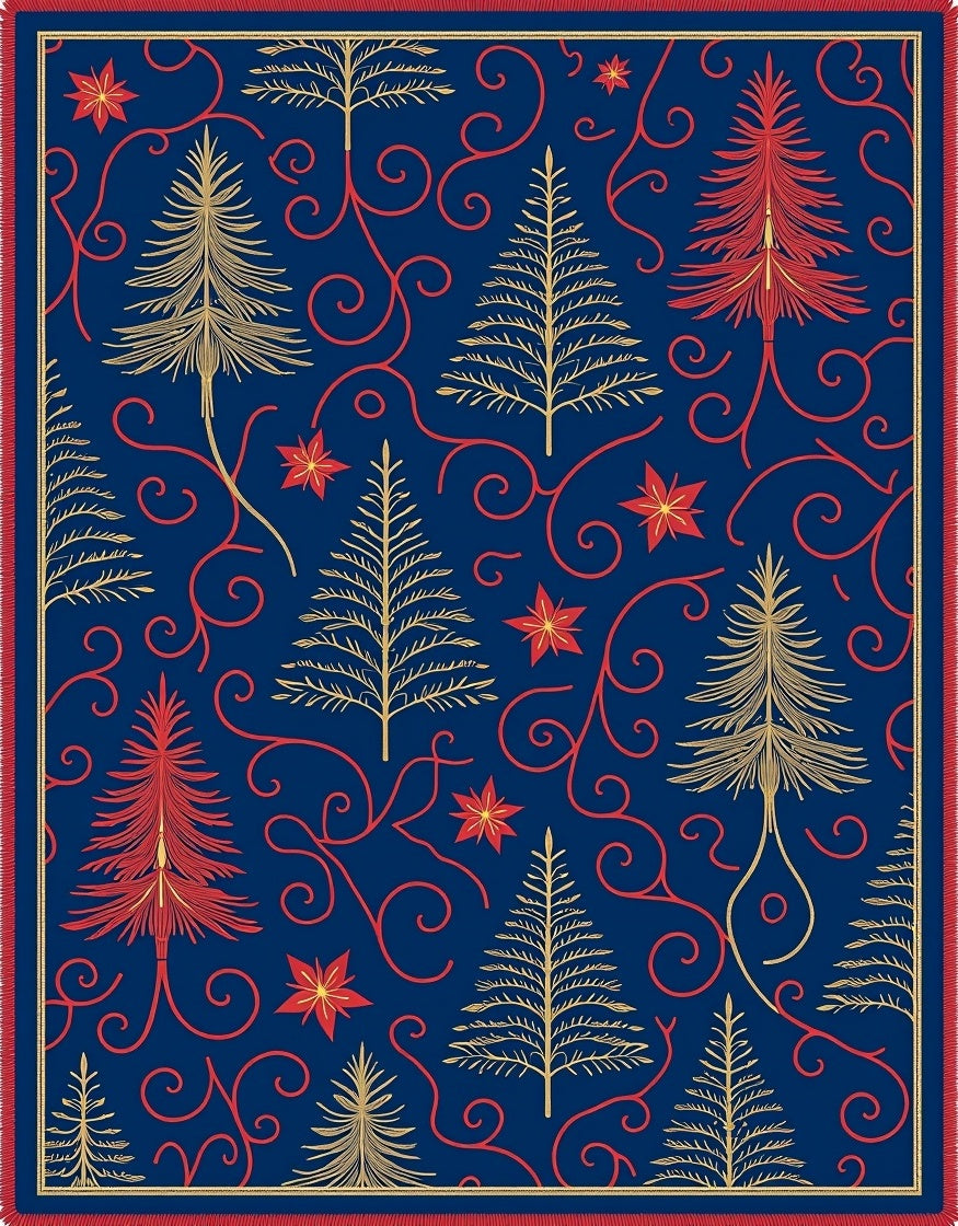 Festive Navy Blue Trees Swirl Accents Rug