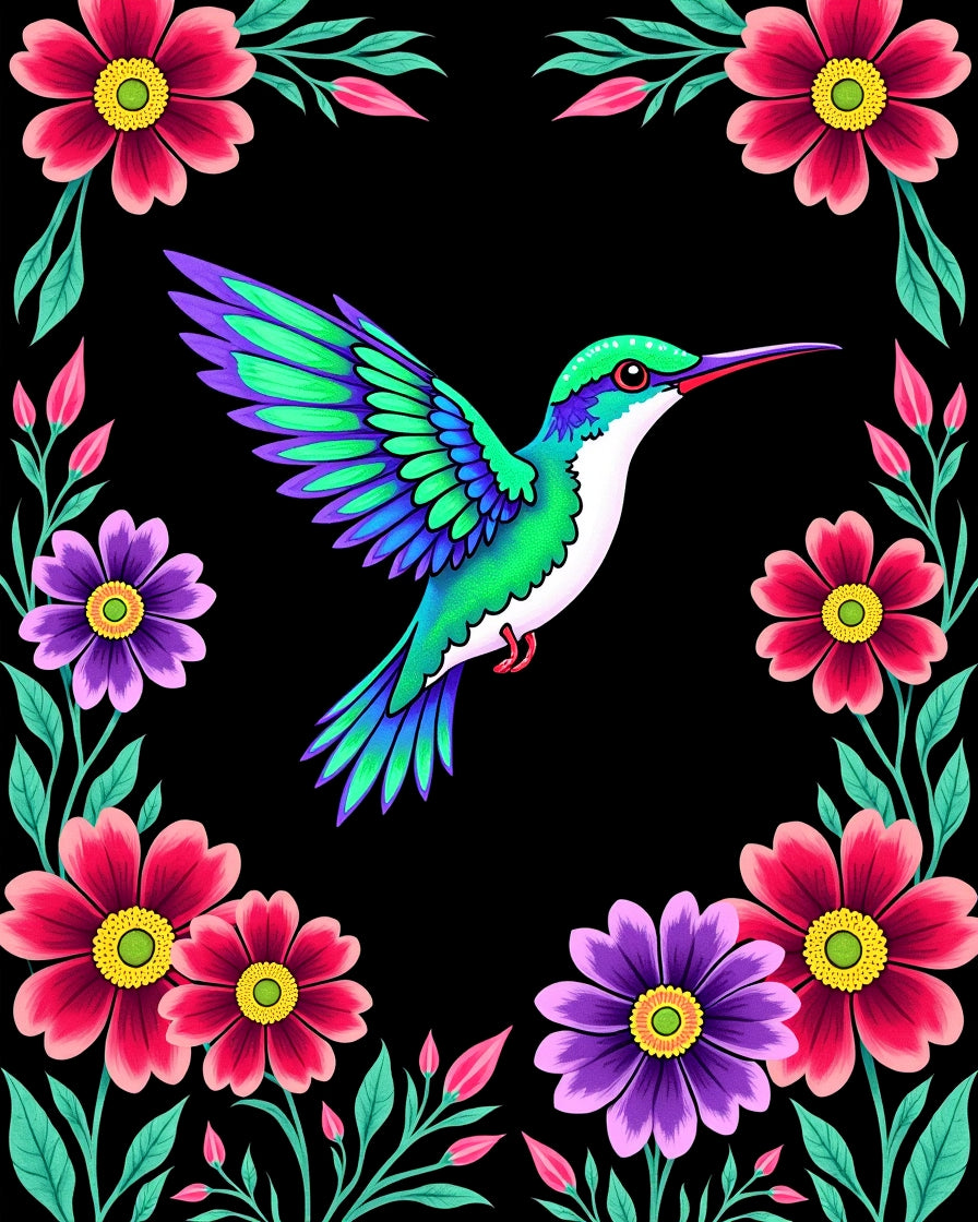 Colorful Hummingbird Floral Frame Rug