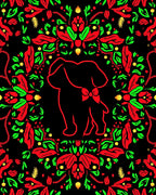 Round Floral Red Green Puppy Motif Rug