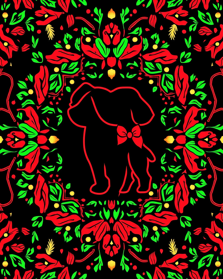Round Floral Red Green Puppy Motif Rug