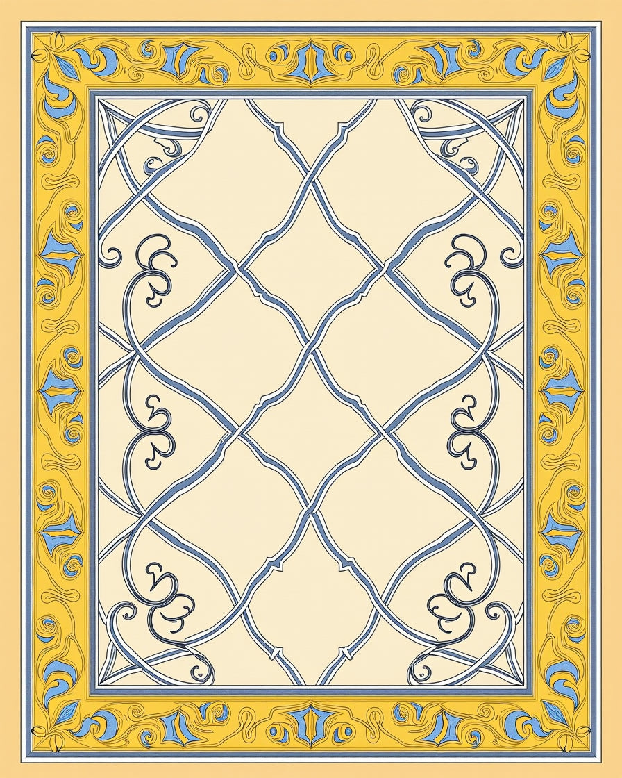 Cream Blue Yellow Ornate Lattice Rug
