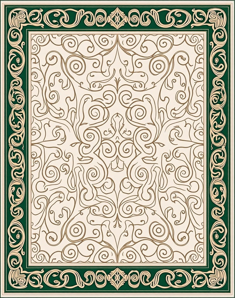 Emerald Green Gold Scrollwork Medallion Rug