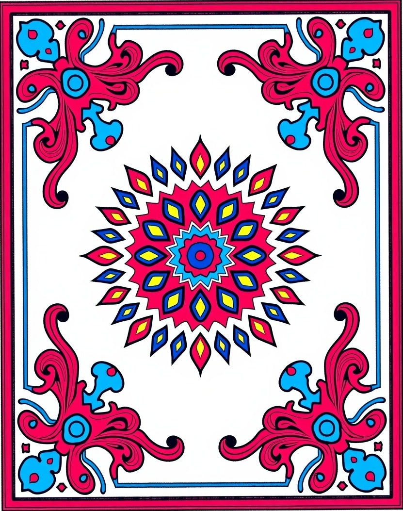 Vibrant Magenta Blue Sunburst Medallion Rug