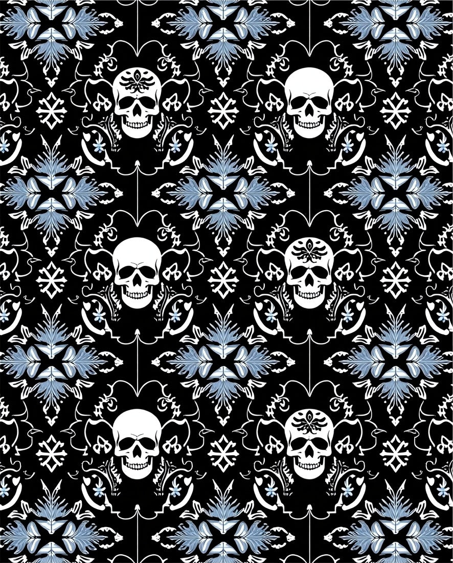 Black Skull Floral Damask Rug