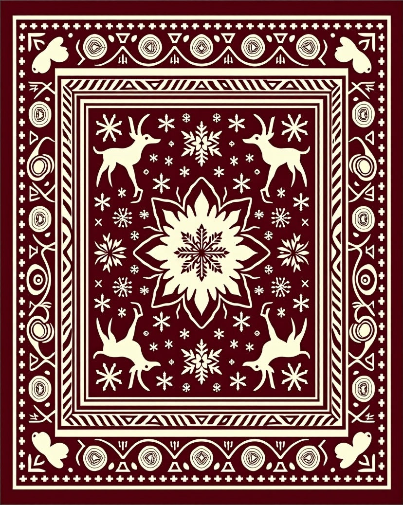 Crimson Reindeer Snowflake Folk Art Rug