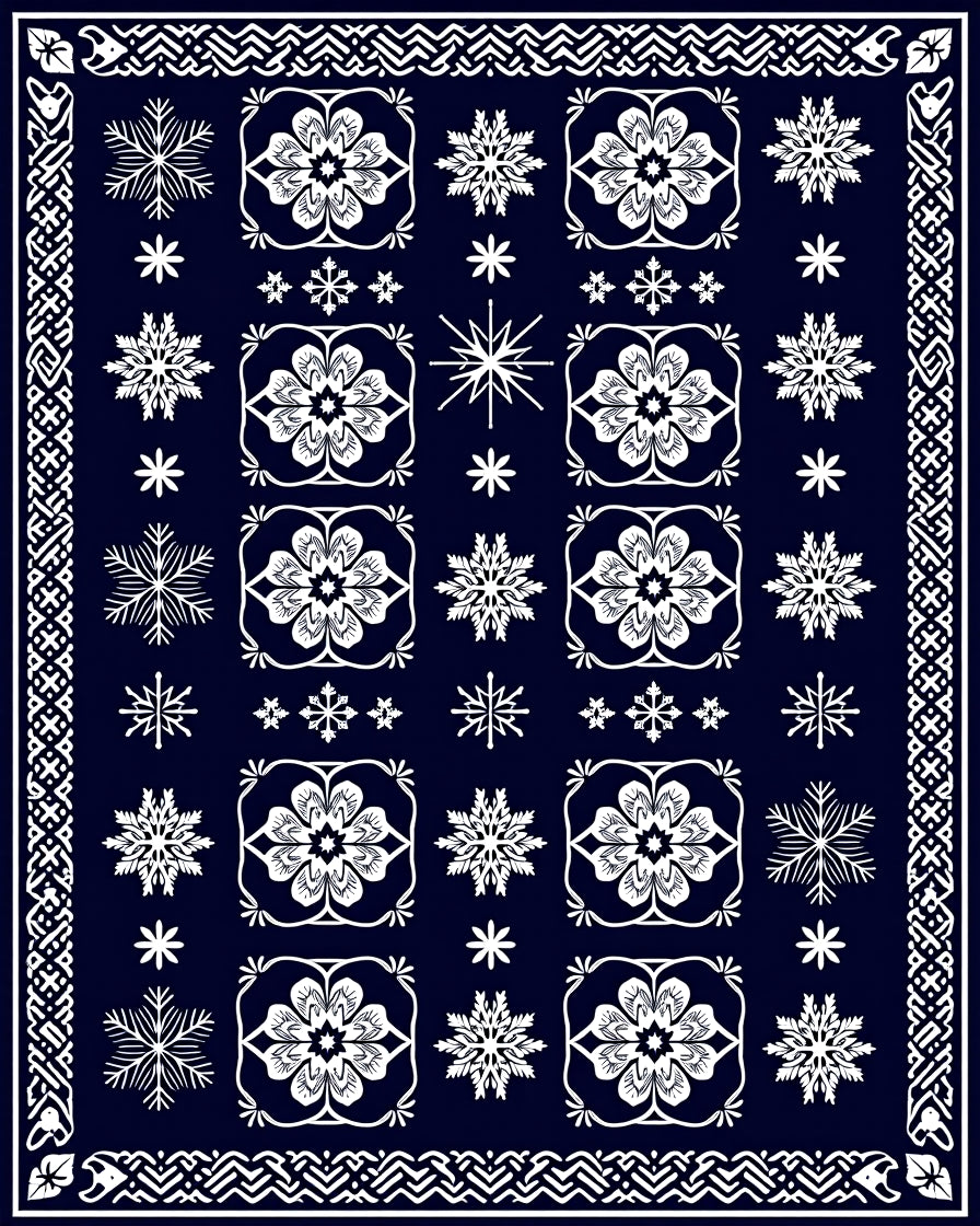 Deep Blue White Floral Snowflake Harmony Rug
