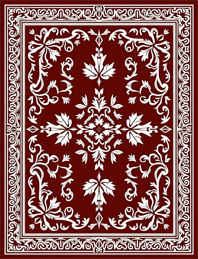 Rich Burgundy White Scroll Leaf Rug