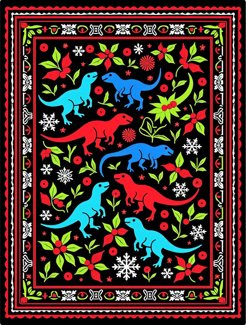 Dinosaurs Red Blue Green Black Border Rug