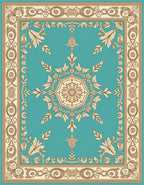 Turquoise Tan Floral Scroll Medallion Rug