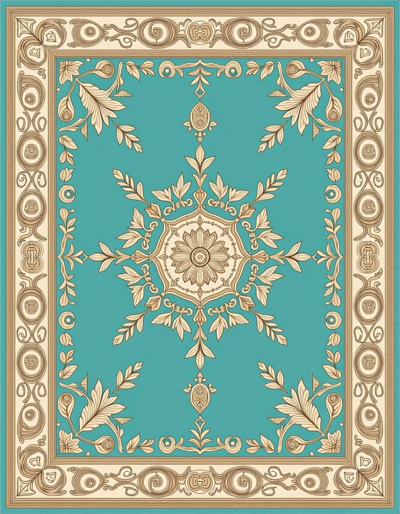 Turquoise Tan Floral Scroll Medallion Rug