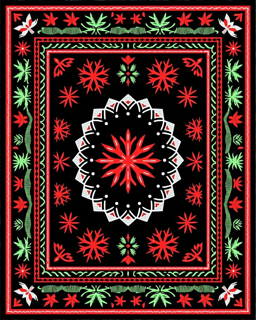 Bold Red Black Floral Mandala Rug