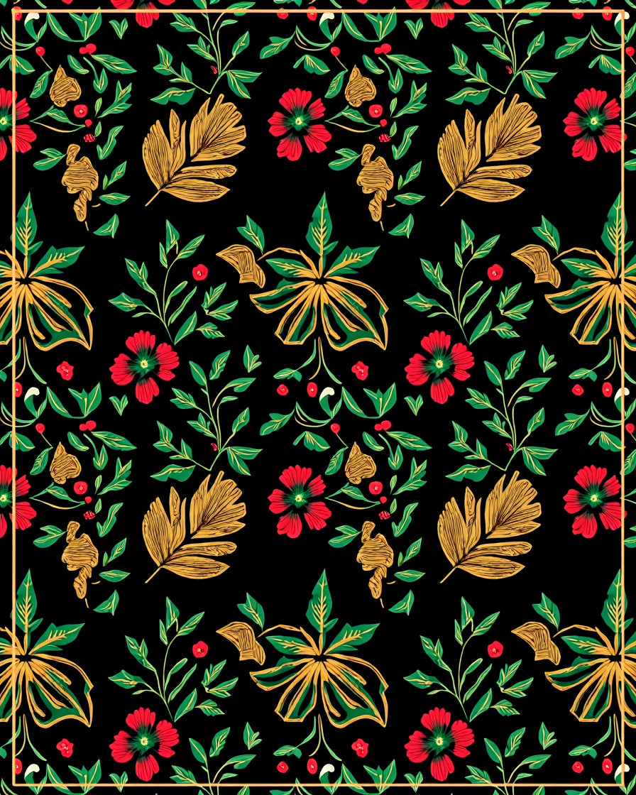 Black Floral Vine Red Flower Garden Rug