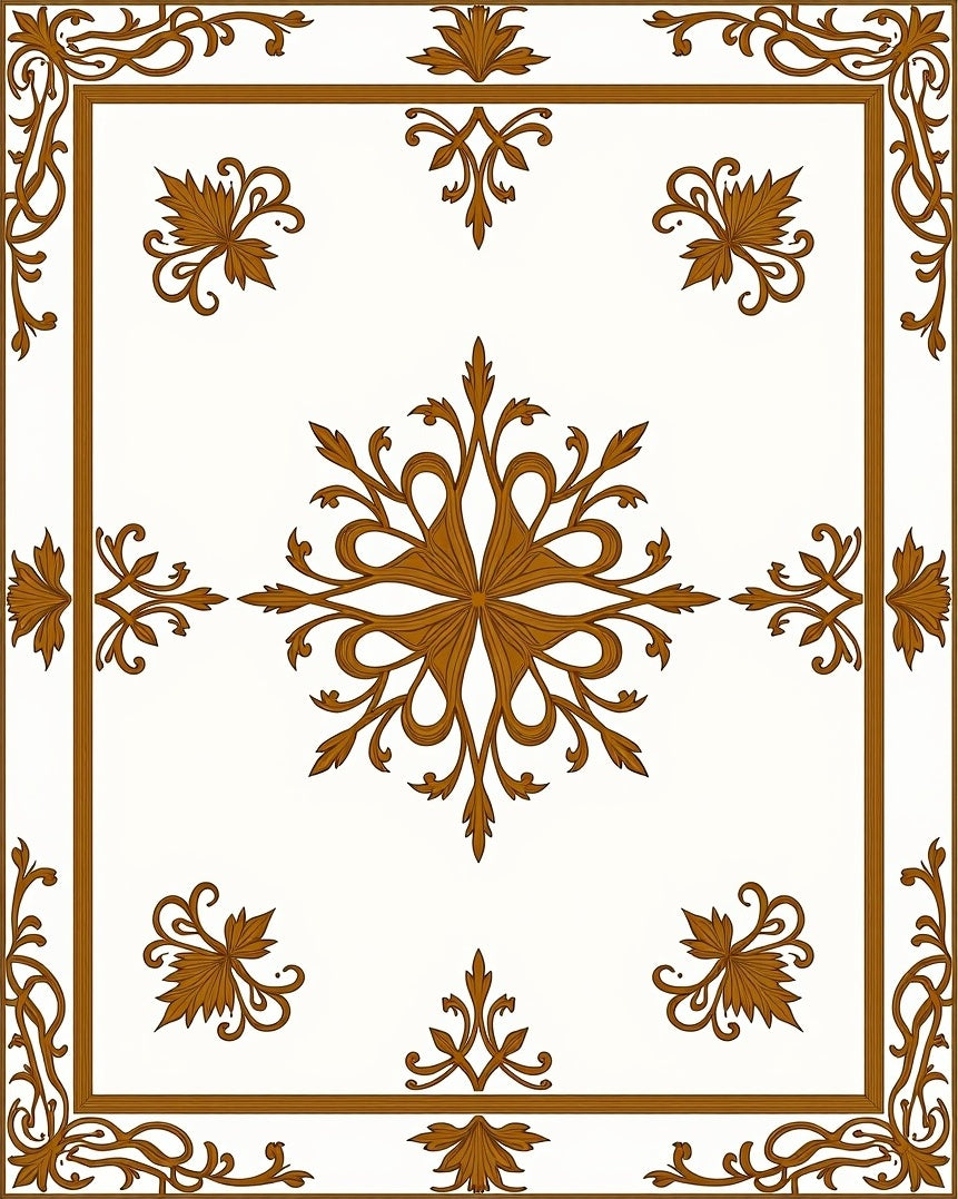 Golden Brown Floral Scrollwork Frame Rug