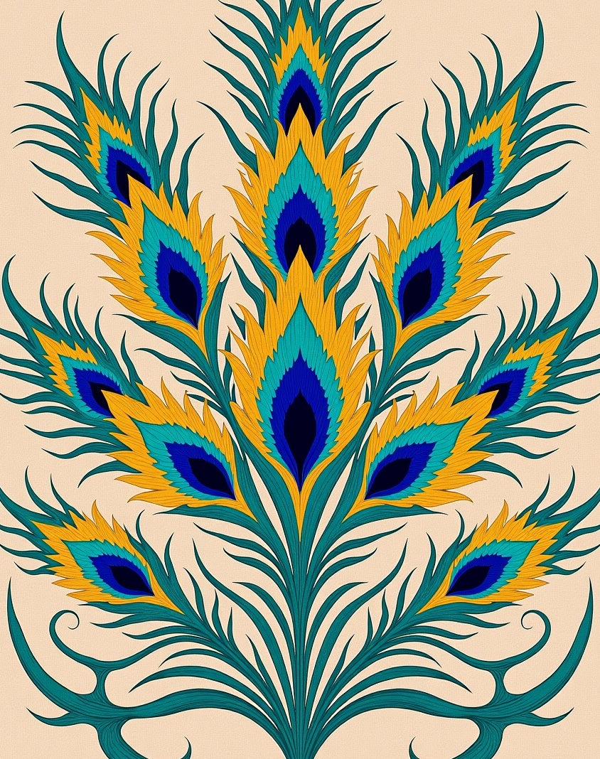 Vibrant Teal Gold Peacock Feather Rug
