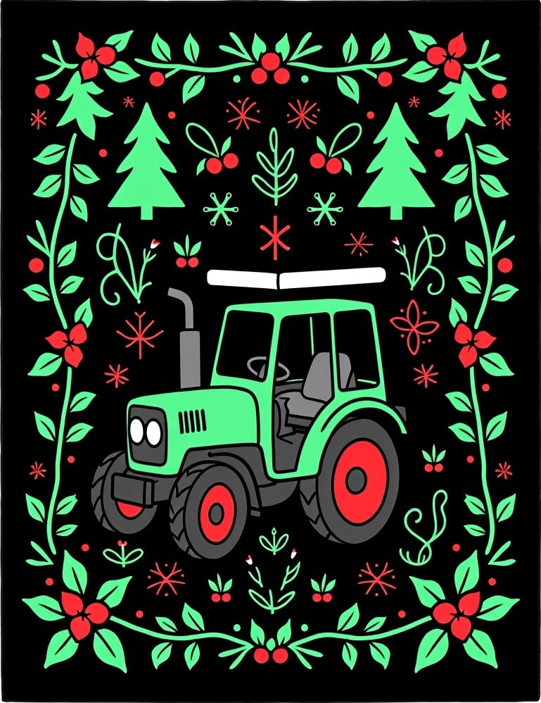 Green Tractor Red Berry Garland Rug