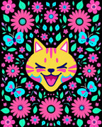 Whimsical Yellow Cat Floral Butterfly Art Rug