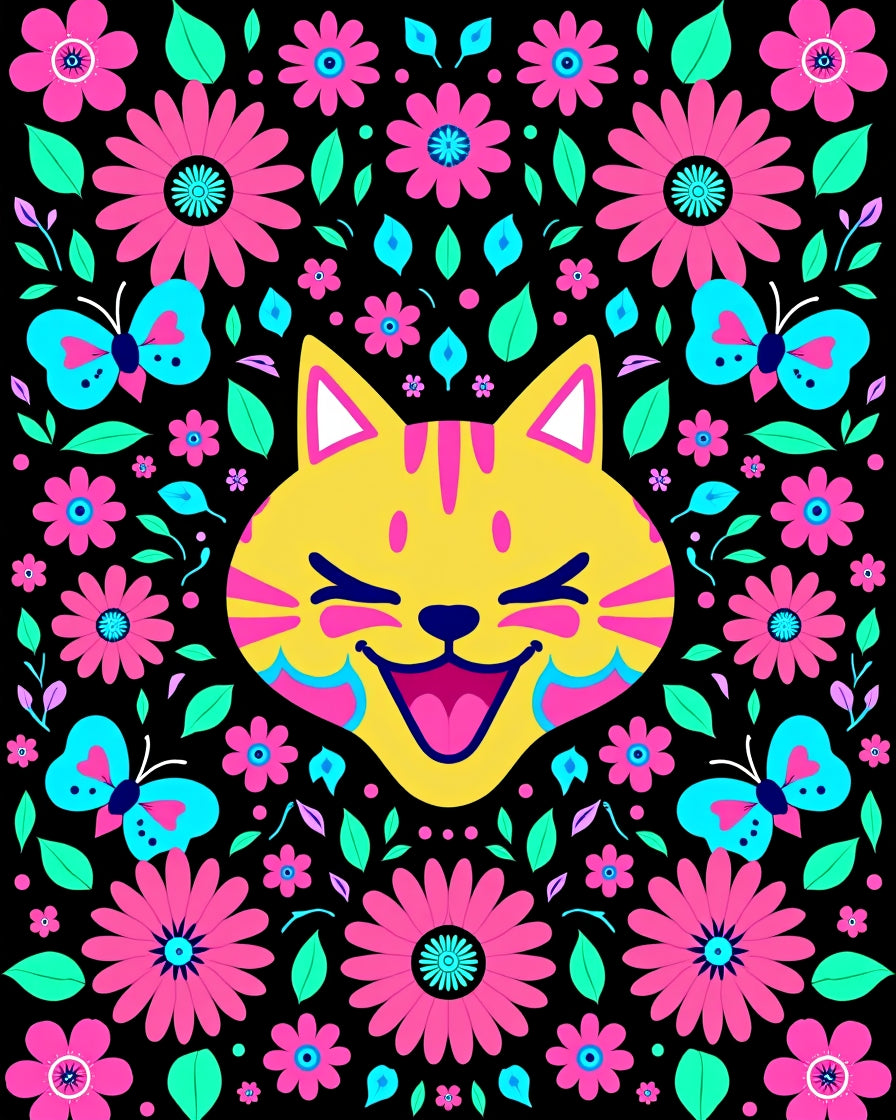 Whimsical Yellow Cat Floral Butterfly Art Rug