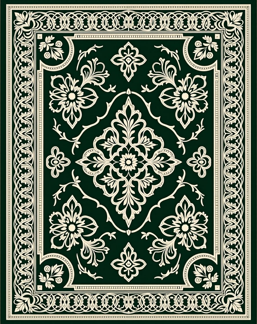Dark Emerald Floral Medallion Border Rug
