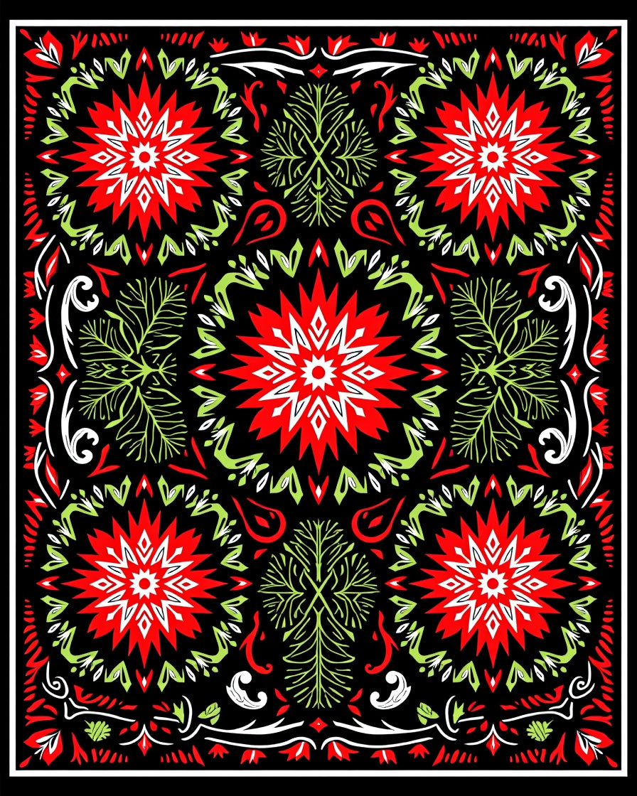 Bold Red Green Starburst Medallion Rug